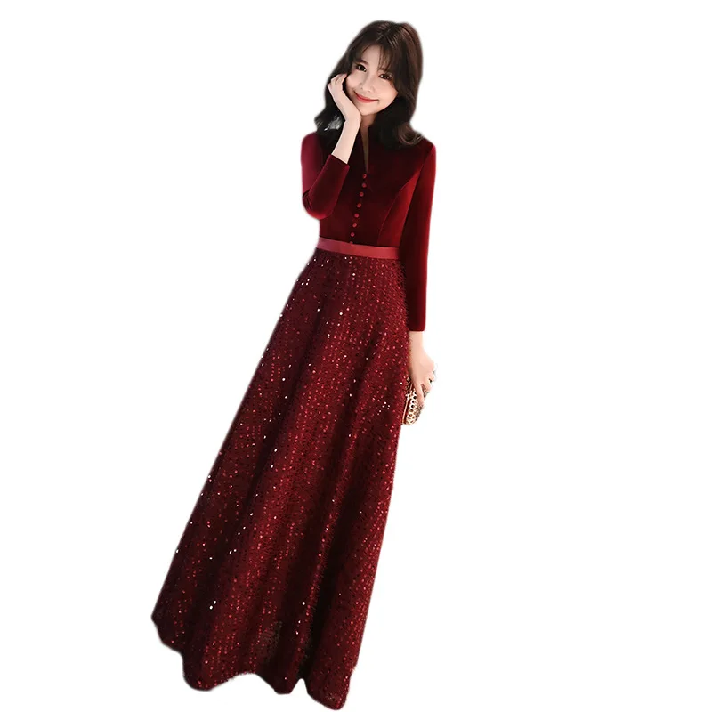 Women Burgundy Vintage Formal Party Gown Exquisite Sequins Elegant Long Banquet Dresses Temperament Pleated Bridal Wedding Dress
Women Burgundy Vintage Formal Party Gown Exquisite Sequins Elegant Long Banquet Dresses Temperament Pleated Bridal Wedding Dress