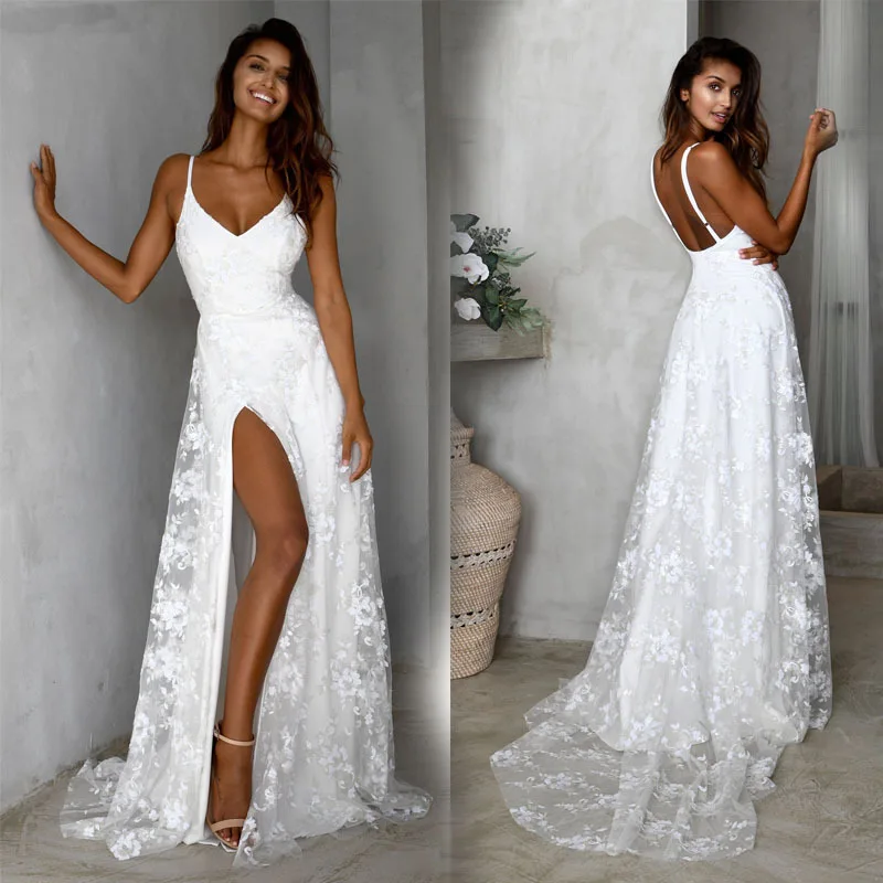 V Neck Lace Wedding Party Dress Boho Beach White Dress Spaghetti Straps Robe De Soiree Side Split Elegant Backless Bridal Gown
V Neck Lace Wedding Party Dress Boho Beach White Dress Spaghetti Straps Robe De Soiree Side Split Elegant Backless Bridal Gown