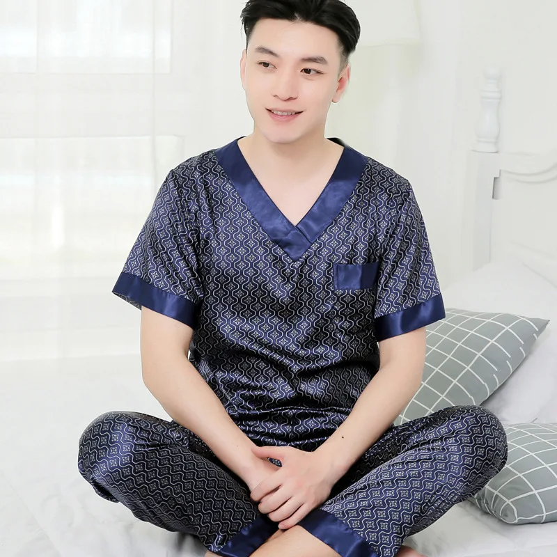 

Summer Sleepwear Men's Pajamas Set Simulation Silk Pajama For Man Short-Sleeved V-Neck Pullover Nightgown Pyjamas Home Clothes