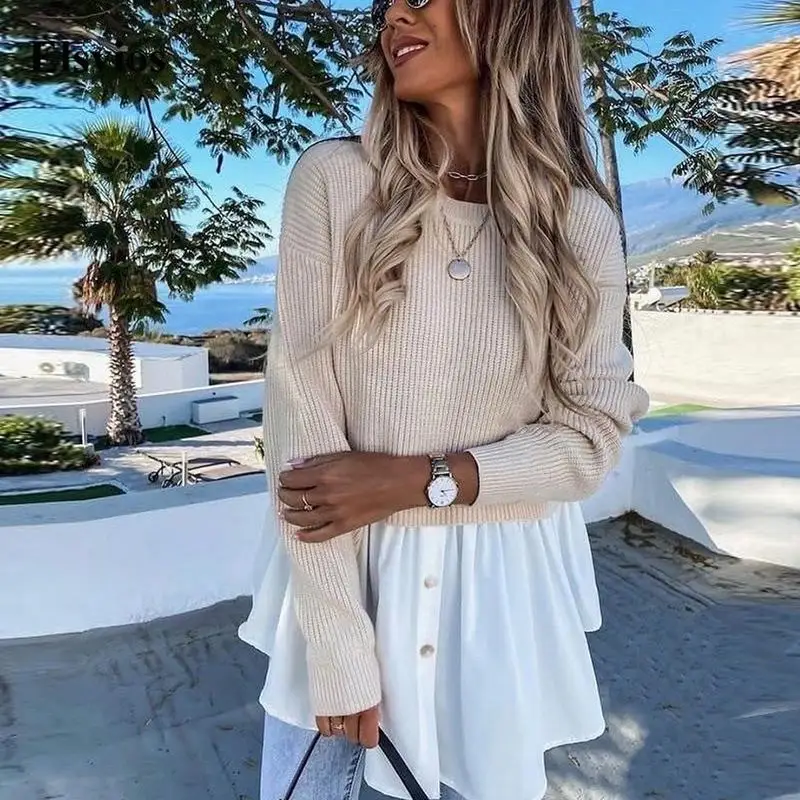 Lady Autumn Winter Knitted Sweater Women Office O Neck Long Sleeve Jumpers Tops Casual Patchwork Fake 2pc Shirt Pleated Pullover
Lady Autumn Winter Knitted Sweater Women Office O Neck Long Sleeve Jumpers Tops Casual Patchwork Fake 2pc Shirt Pleated Pullover