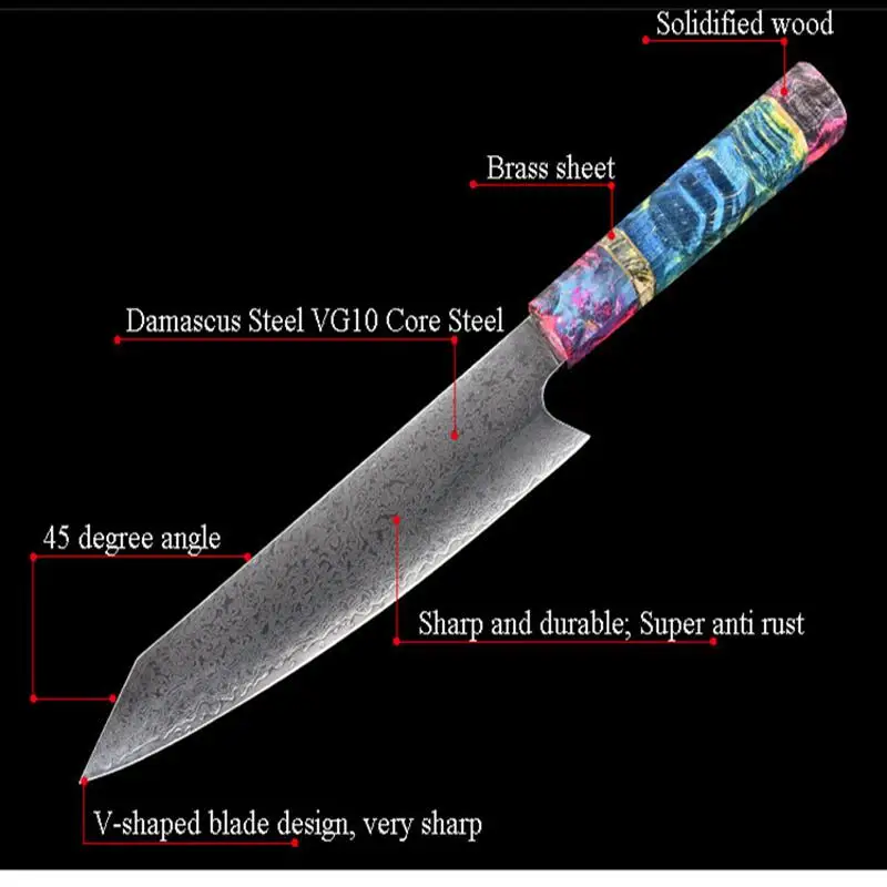 Damascus 8'' Chef Knife Japanese VG10 Core Steel Blade Kitchen Knives Solidified Wood Handle Sharp Meat Cutter Slicer Tools
Damascus 8'' Chef Knife Japanese VG10 Core Steel Blade Kitchen Knives Solidified Wood Handle Sharp Meat Cutter Slicer Tools