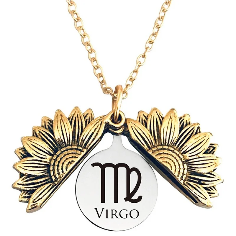 2021 Gold Silver Color Open Locket Necklace Engraved 12 Constellations Sunflower Pendant Necklace Unique Party Jewelry Gift
2021 Gold Silver Color Open Locket Necklace Engraved 12 Constellations Sunflower Pendant Necklace Unique Party Jewelry Gift