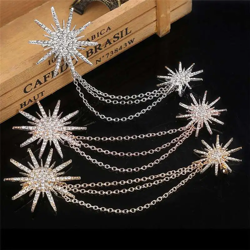 

Shining Women's Alloy Rhinestones Brooch Brooch Clip Badge Crystal Snowflake Scarf Buckle Collar Pins Double Chain Tassels