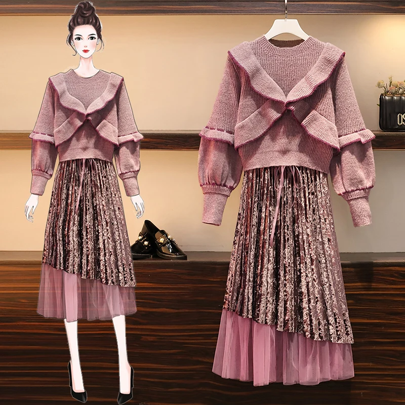 Big Sizes Sweater Sweet Round Collar Lace Knit Pleated Skirt Suit Two Pcs Leisure Suit Women Knitwear Outfit Knit Top Pink Set
Big Sizes Sweater Sweet Round Collar Lace Knit Pleated Skirt Suit Two Pcs Leisure Suit Women Knitwear Outfit Knit Top Pink Set