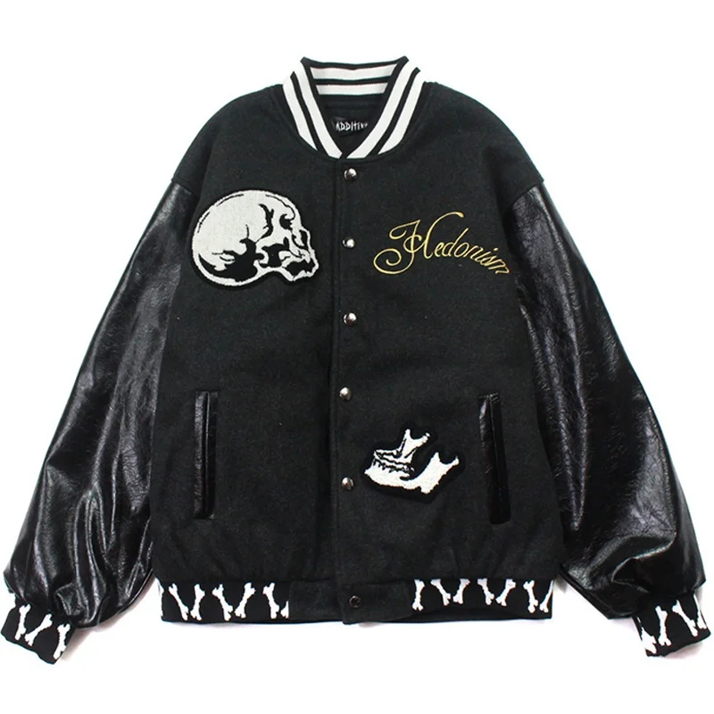 Mens Varsity Jackets Vintage Skull Embroidery Black Baseball Jacket Winter Harajuku Streetwear Bomber Jacket Unisex Outwear Coat
Mens Varsity Jackets Vintage Skull Embroidery Black Baseball Jacket Winter Harajuku Streetwear Bomber Jacket Unisex Outwear Coat