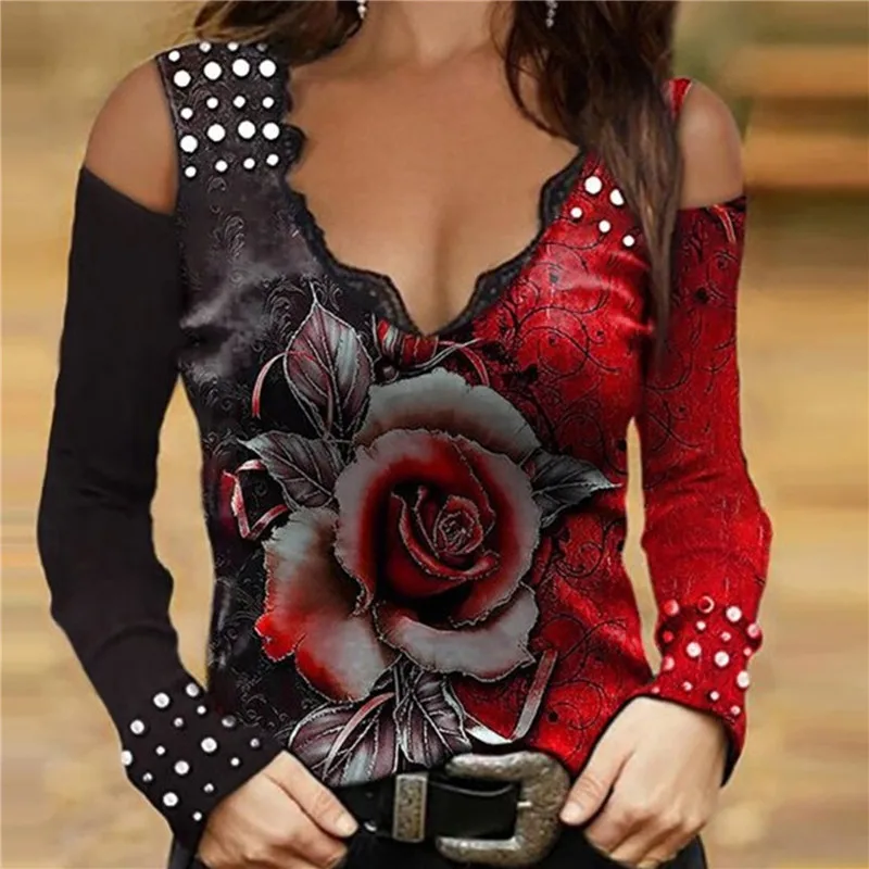 Fashion Vintage Print Long Sleeve T-Shirts Women Sexy Sling V-Neck Off Shoulder Tops Elegant Rose Pattern Tee Shirt Streetwear
Fashion Vintage Print Long Sleeve T-Shirts Women Sexy Sling V-Neck Off Shoulder Tops Elegant Rose Pattern Tee Shirt Streetwear
