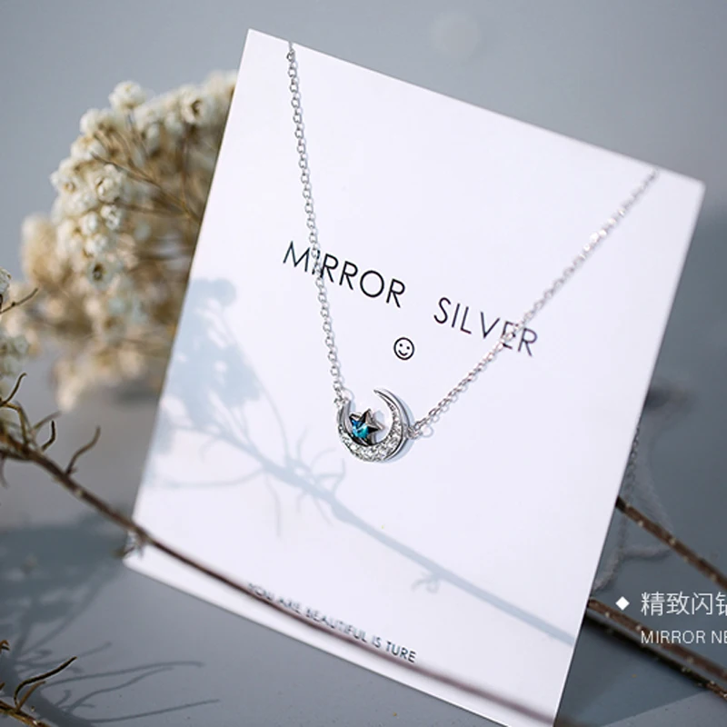 Sweet 925 Sterling Silver Zircon Moon Blue Star Necklaces For Women Choker Collares Birthday Gift NK026 | Украшения и аксессуары