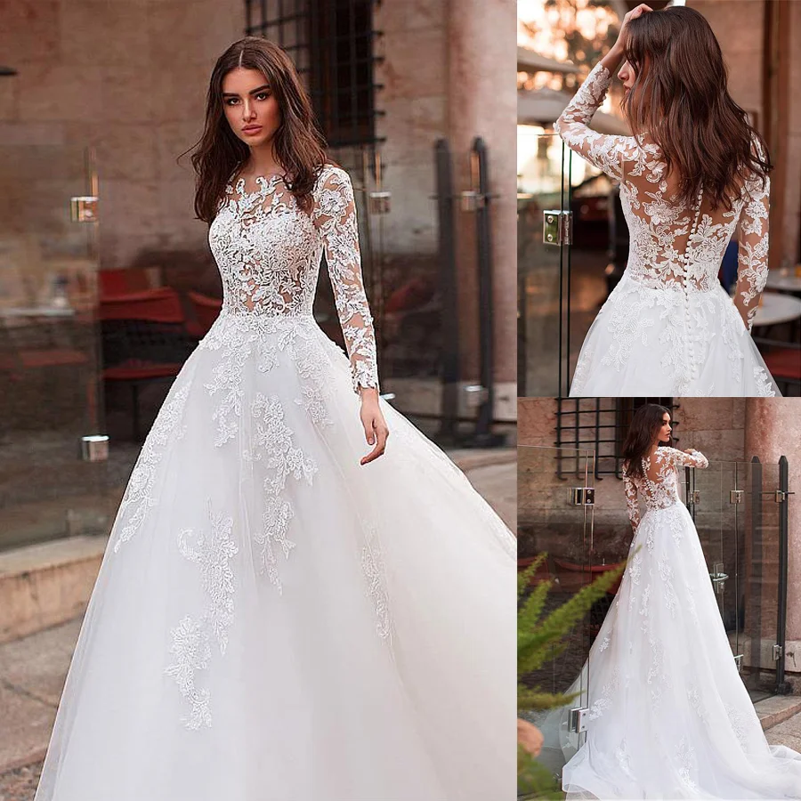 

Attractive Tulle Jewel Neckline See-through Bodice A-line Wedding Dress With Lace Appliques & Beadings Long Sleeves Bridal Dress