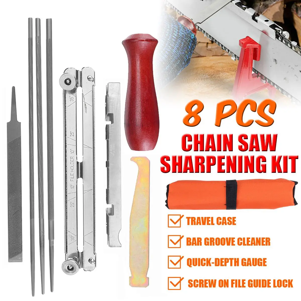 Chainsaw Sharpening File 8pcs Kit with Bag Chainsaw Sharpener File Flat File Depth Gauge Guide Bar Power Tool Accessories
Chainsaw Sharpening File 8pcs Kit with Bag Chainsaw Sharpener File Flat File Depth Gauge Guide Bar Power Tool Accessories