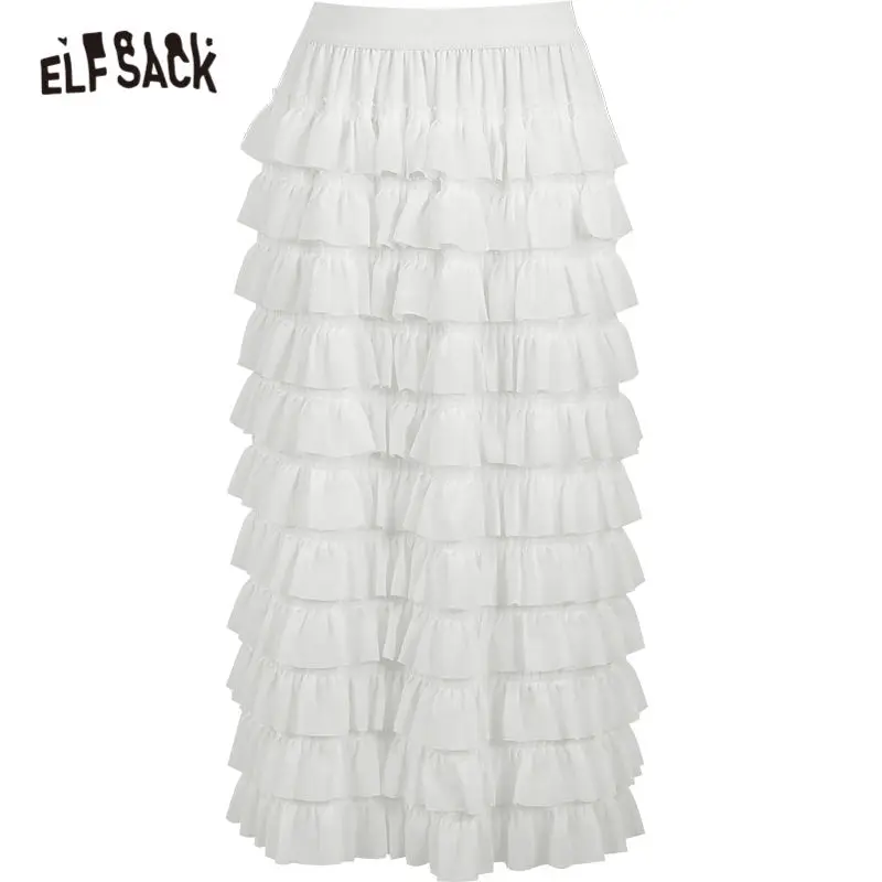 

ELFSACK Solid Pure Contrast Lace High Waist Casual Women Midi Skirts,2021 Spring ELF Vintage,Ladies Multi-Layered Chiffon Bottom