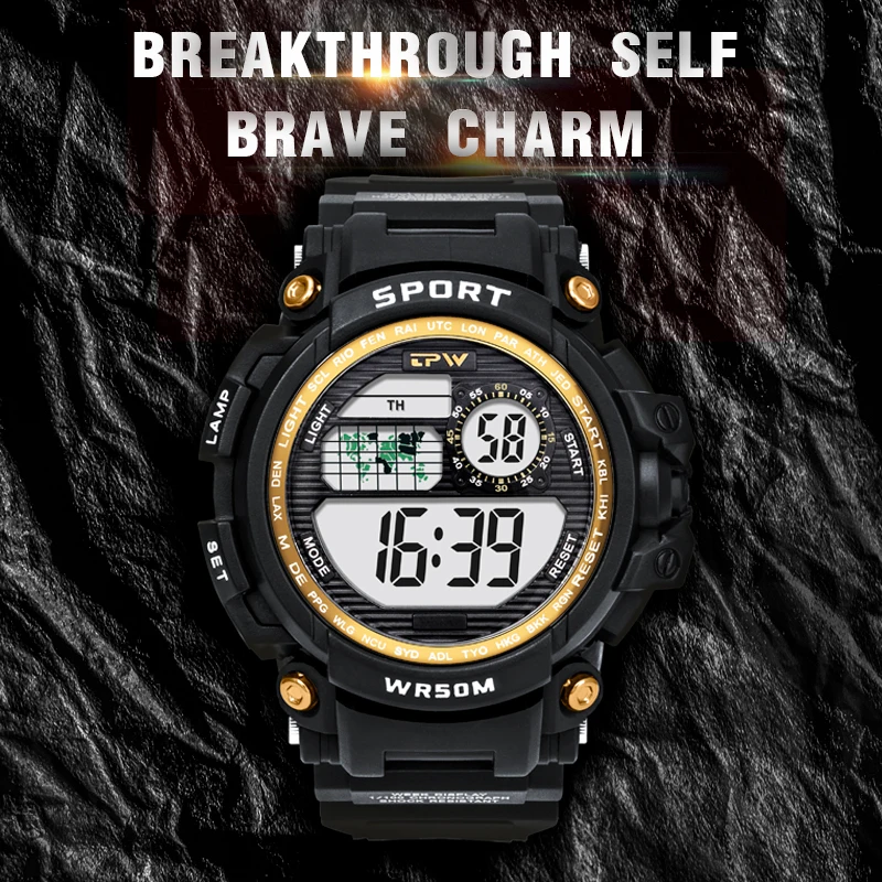 Цифровые часы спортивный хронограф с будильником 50 м водонепроницаемые наручные