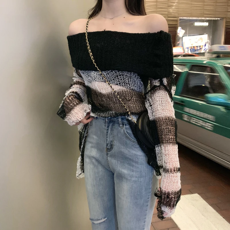 Женский свободный пуловер в стиле панк длинный свитер готическом