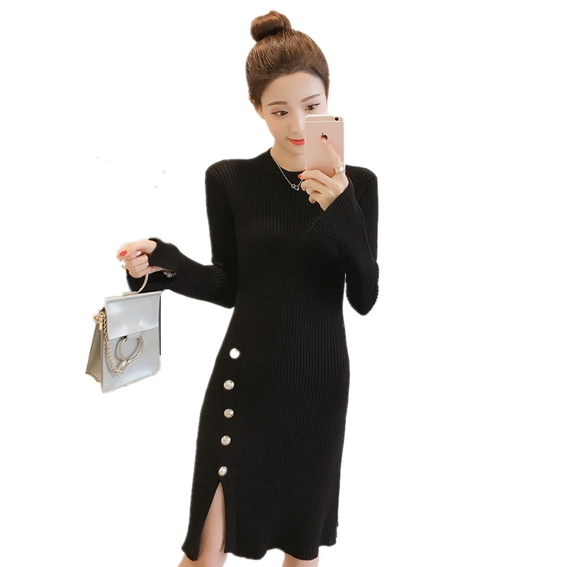 Real Shot 2020 Autumn Winter Long Sleeve Black Women's Slim Bottoming With Medium Length Split Sweater Knitted Dress
Real Shot 2020 Autumn Winter Long Sleeve Black Women's Slim Bottoming With Medium Length Split Sweater Knitted Dress