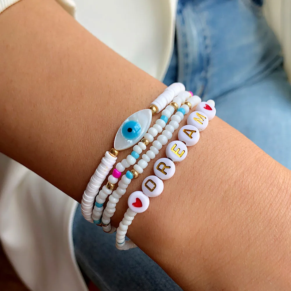 Bohemian Devil Eyes Soft Ceramic Elastic Rope Bracelet for Female with Letter Millet Bead Stitching Jewelry Combination Bracelet
Bohemian Devil Eyes Soft Ceramic Elastic Rope Bracelet for Female with Letter Millet Bead Stitching Jewelry Combination Bracelet