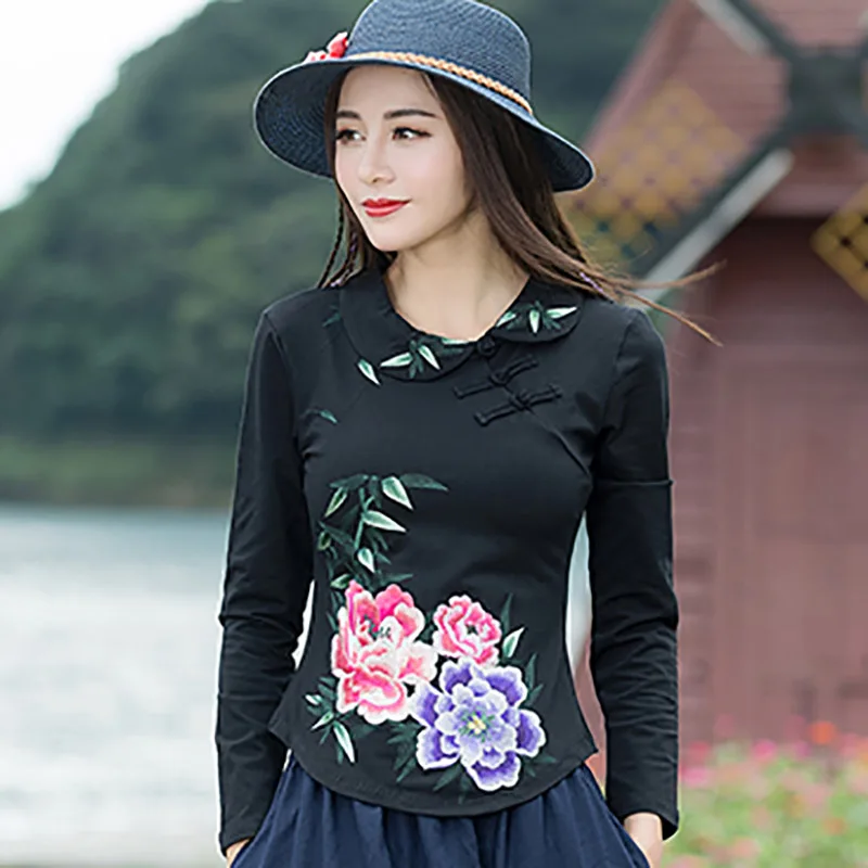 Блузка с длинным рукавом и вышивкой в китайском стиле | Женская одежда
