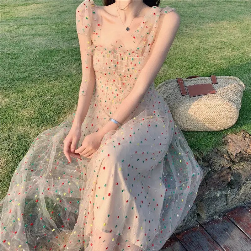 Sleeveless Spaghetti Strap Dress Women Polka Dot Printing Long Dresses Fashion Leisure Summer Clothes Korean Sweet Vestidos Y815 
Sleeveless Spaghetti Strap Dress Women Polka Dot Printing Long Dresses Fashion Leisure Summer Clothes Korean Sweet Vestidos Y815