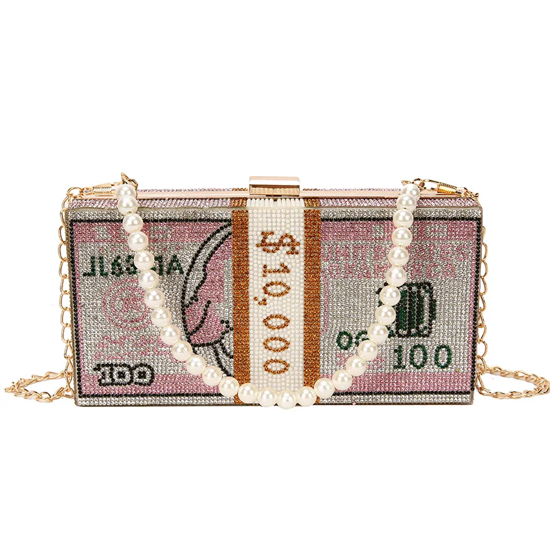 Luxury Fashion Crystals Women Money USD Evening Bag Peal Chain Clutch Bags Wedding Dinner Purses and Handbags Dollar Design 
Luxury Fashion Crystals Women Money USD Evening Bag Peal Chain Clutch Bags Wedding Dinner Purses and Handbags Dollar Design