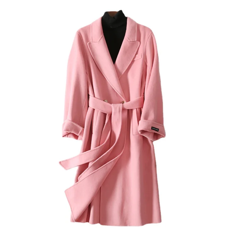 

Пальто женское из смесовой шерсти и смеси SHUCHAN, розовое двубортное длинное осеннее пальто с регулируемым поясом и отложным воротником