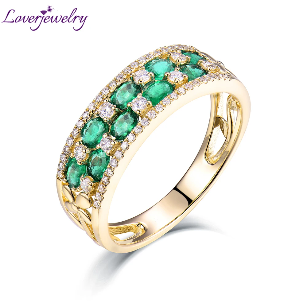 

LOVERJEWELRY Women Rings Band Pure 14Kt Yellow Gold Natural Emerald Stones With Genuine Diamonds Wedding Jewelry