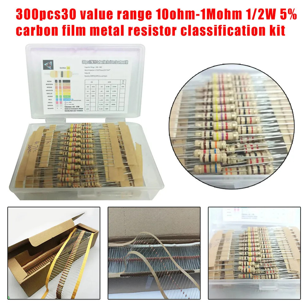 300pcs30 Value Range 10ohm-1Mohm 1/2W 5% Carbon Film Metal Resistor Kit Durable High Precision And Stability
300pcs30 Value Range 10ohm-1Mohm 1/2W 5% Carbon Film Metal Resistor Kit Durable High Precision And Stability