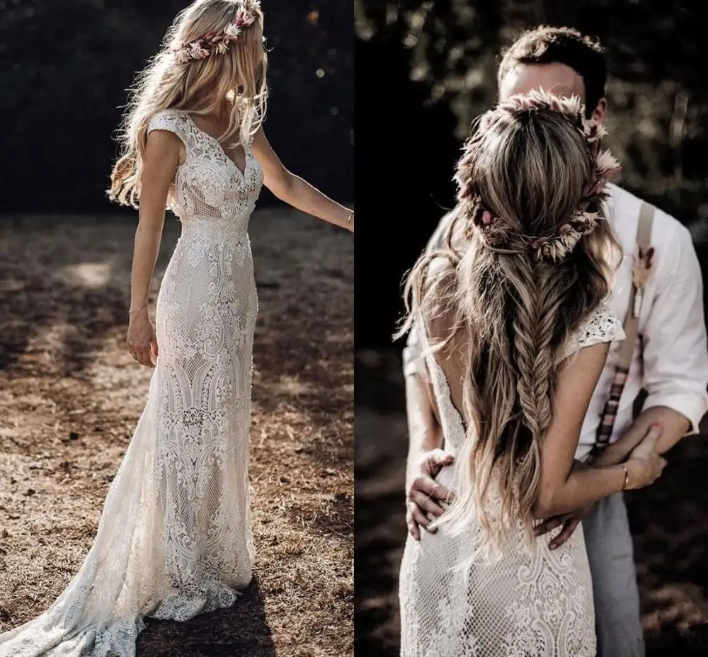 Real Work Country Boho Wedding Dresses crochet Lace V Neck Cap Sleeve Mermaid Bridal Gowns Sweep Train Backless Robe De Mariee
Real Work Country Boho Wedding Dresses crochet Lace V Neck Cap Sleeve Mermaid Bridal Gowns Sweep Train Backless Robe De Mariee