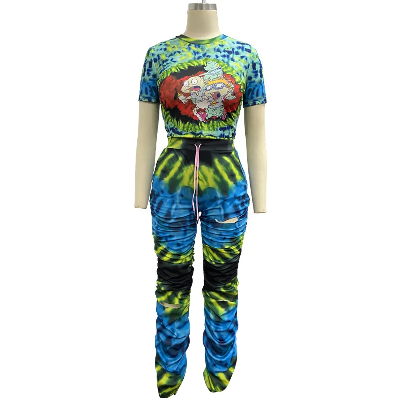 Summer casual cartoon printing fashion two piece slim o-neck short sleeve T-shirt and pants women's suit
Summer casual cartoon printing fashion two piece slim o-neck short sleeve T-shirt and pants women's suit