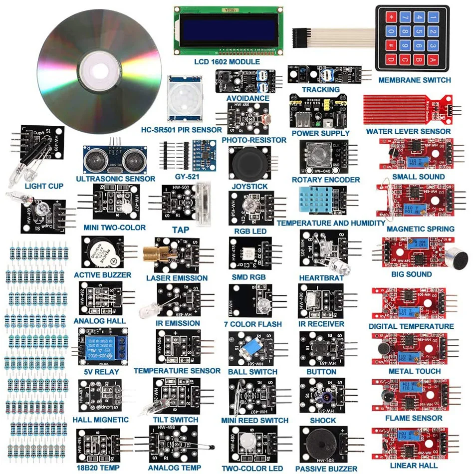 

Стартовый набор для Arduino Raspberry Pi, модули датчиков s, 16 видов, комплект датчиков 37 в 1 с коробкой «сделай сам» UNO R3 MEGA2560, 45 в 1