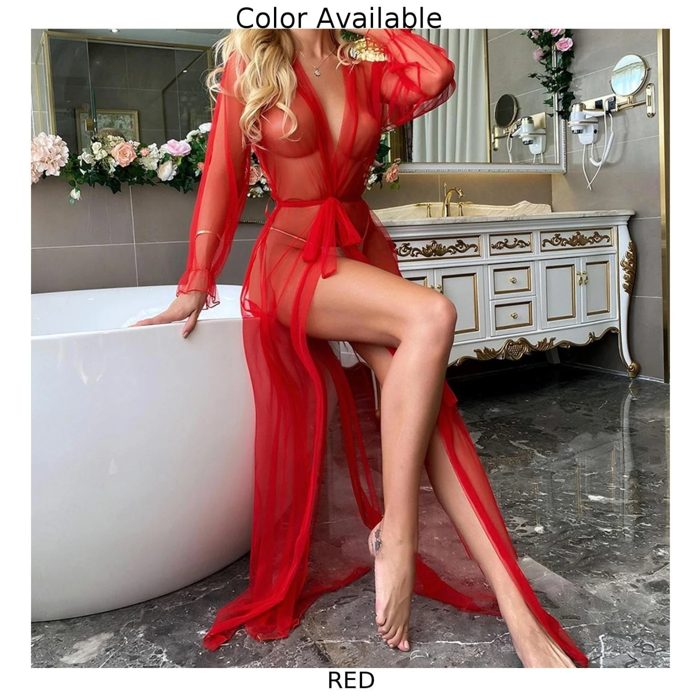 Ladies Nightgown Lace Ribbon Tulle Mesh Waist Robe Sexy Woman Nightdress See Through Long Dress Sleepwear 
Ladies Nightgown Lace Ribbon Tulle Mesh Waist Robe Sexy Woman Nightdress See Through Long Dress Sleepwear