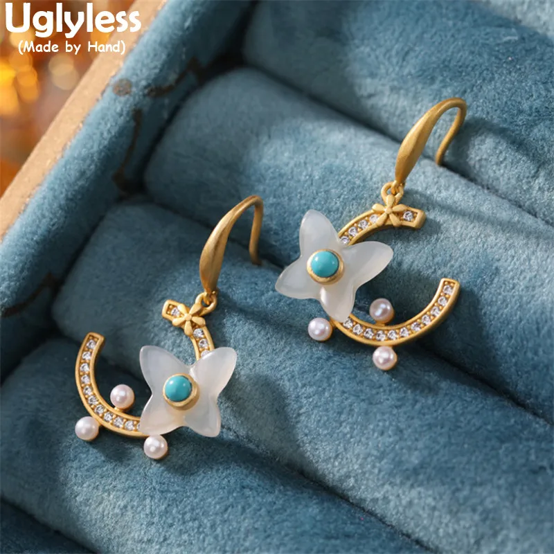 

Uglyless Shinning Crystals Moon Earrings for Women Natural Jade Butterfly Earrings 925 Silver Brincos Pearls Turquoise Jewelry