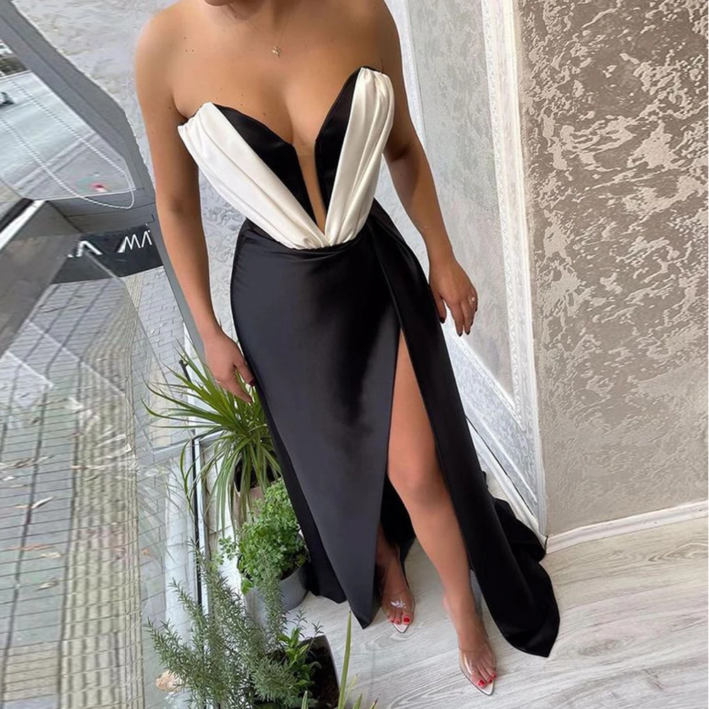 Dlassdream Mermaid Evening Dress Strapless Pleated Sleeveless Satin High Split Sweep Train Vestito Party Gown robes de soirée 
Dlassdream Mermaid Evening Dress Strapless Pleated Sleeveless Satin High Split Sweep Train Vestito Party Gown robes de soirée