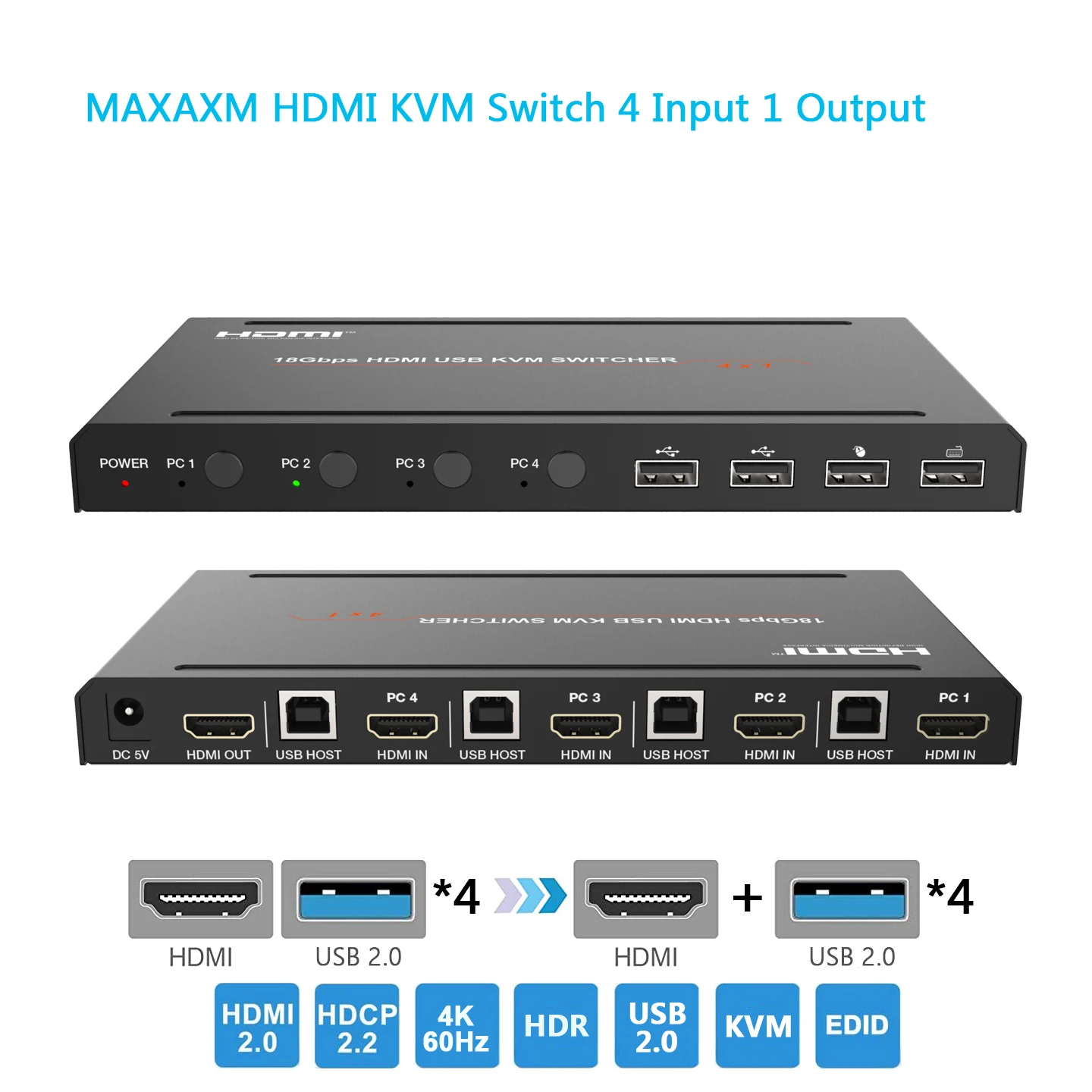 MAXAXM HDMI KVM Switch 4 в 1 выход 4K 60 Гц 4 шт. Share 1 дисплей и 4 USB-устройства HDCP 2,2 HDR совместимый
MAXAXM HDMI KVM Switch 4 в 1 выход 4K 60 Гц 4 шт. Share 1 дисплей и 4 USB-устройства HDCP 2,2 HDR совместимый