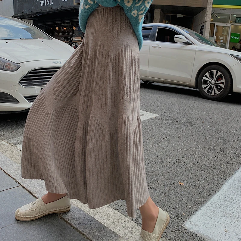 

2021 Autumn Winter Thick Long Knit Skirt Womens Casual High Waist Pleated Skirts Ladies Wide-Swing Midi Skirt jupe plissee femme
