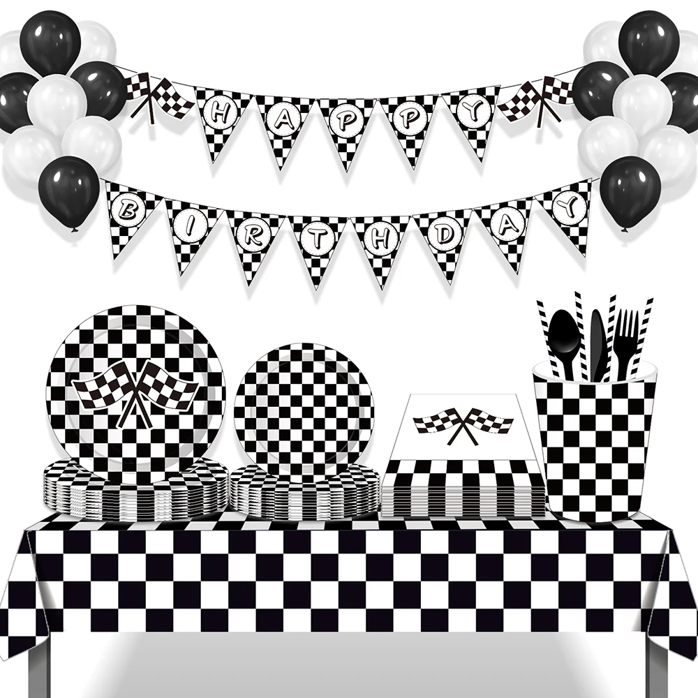

Black Cool Racing Car Lattice Flag Party Disposable Tableware Sets Plates Tablecloths Banner Globos Party Favors Decorations