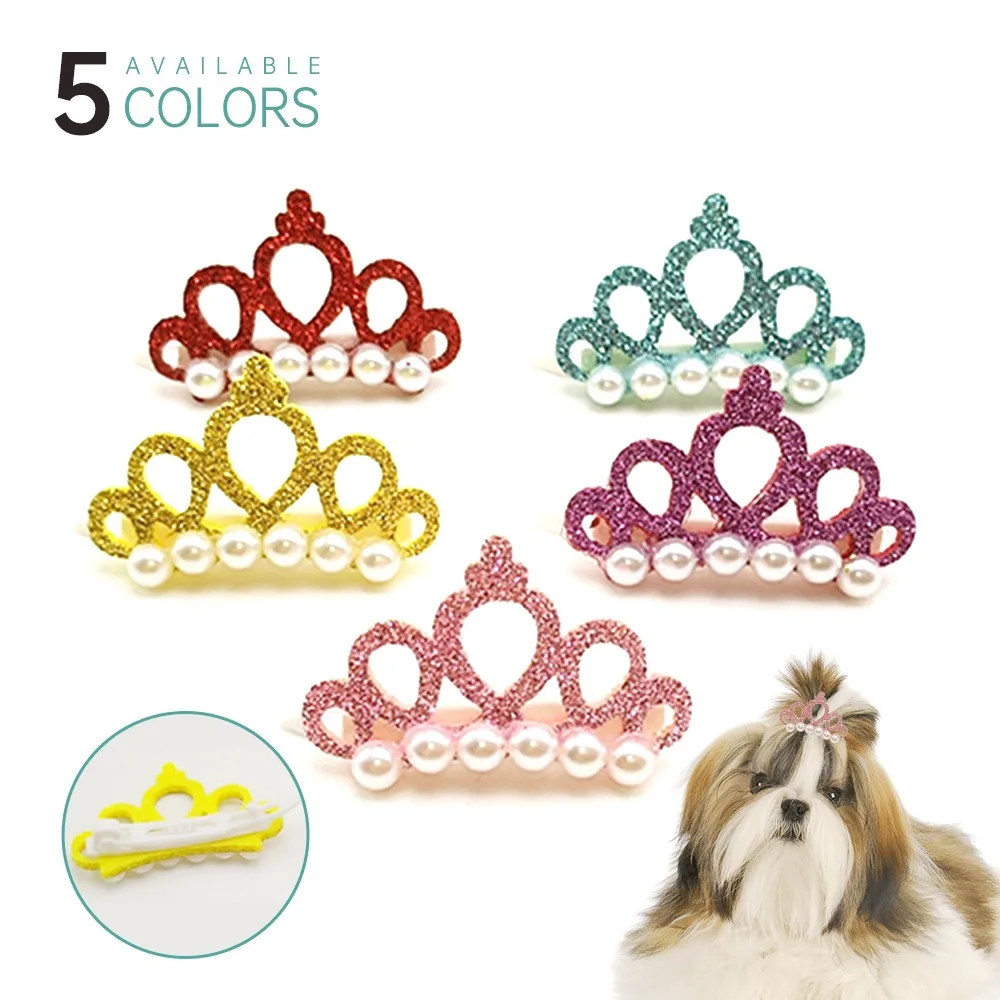 

Small Dogs Faux Pearl Crown Shape Bows Hair Yorkshire Accessories For Pets Hair Clips Grooming Cat Bows Pet Accessoires