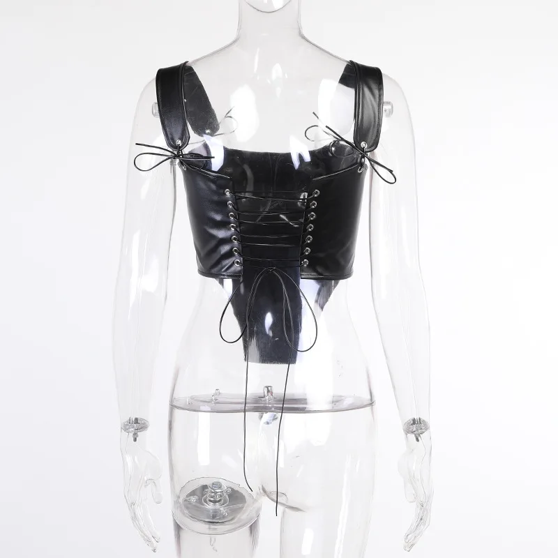 2021 New Arrivals Summer Fashion Spaghetti Strap PU Leather Black Solid Bodycon Sexy High Street Women Tops Camis 
2021 New Arrivals Summer Fashion Spaghetti Strap PU Leather Black Solid Bodycon Sexy High Street Women Tops Camis