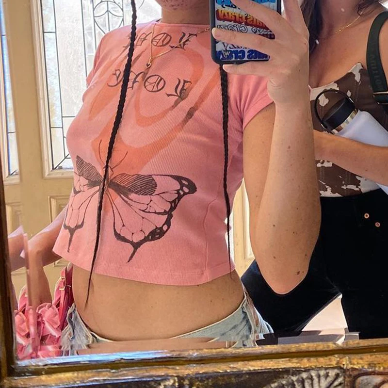 Butterfly Crop Top y2k Pink T Shirt Short Sleeve O Neck Pullovers Harajuku Vintage Casual Cropped Tee Tops Female 2021
Butterfly Crop Top y2k Pink T Shirt Short Sleeve O Neck Pullovers Harajuku Vintage Casual Cropped Tee Tops Female 2021