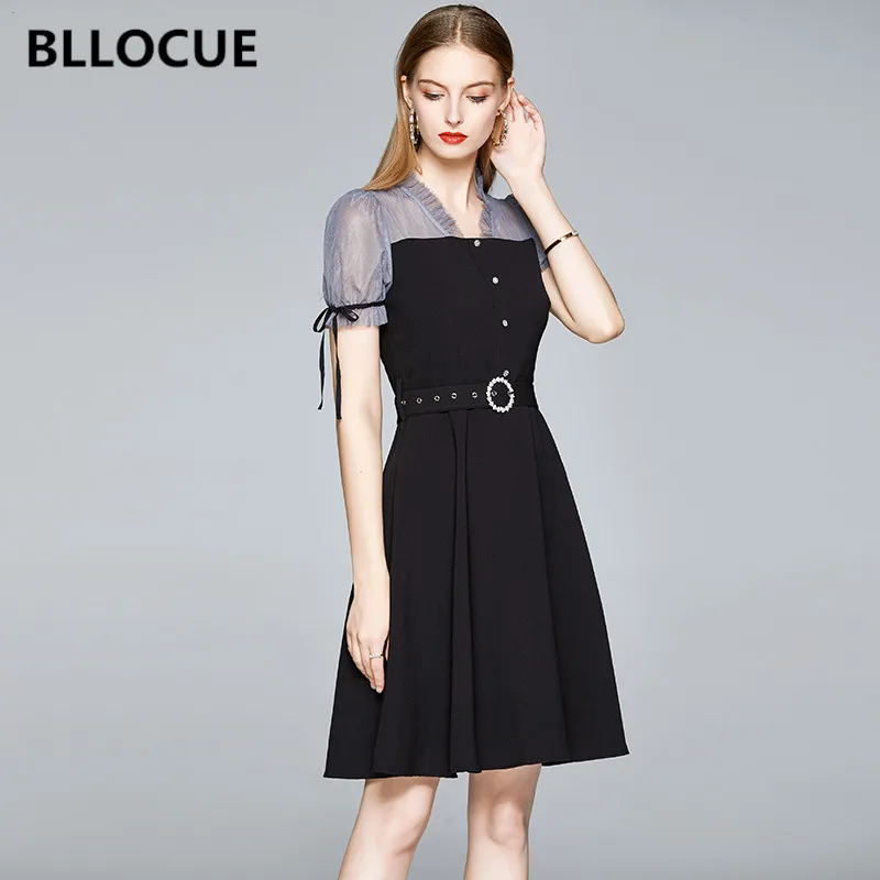BLLOCUE Women's Summer New Short Sleeve Temperament V-neck Black A-Line Dress Fashion Mesh Patchwork Slim Dress With Belt
BLLOCUE Women's Summer New Short Sleeve Temperament V-neck Black A-Line Dress Fashion Mesh Patchwork Slim Dress With Belt