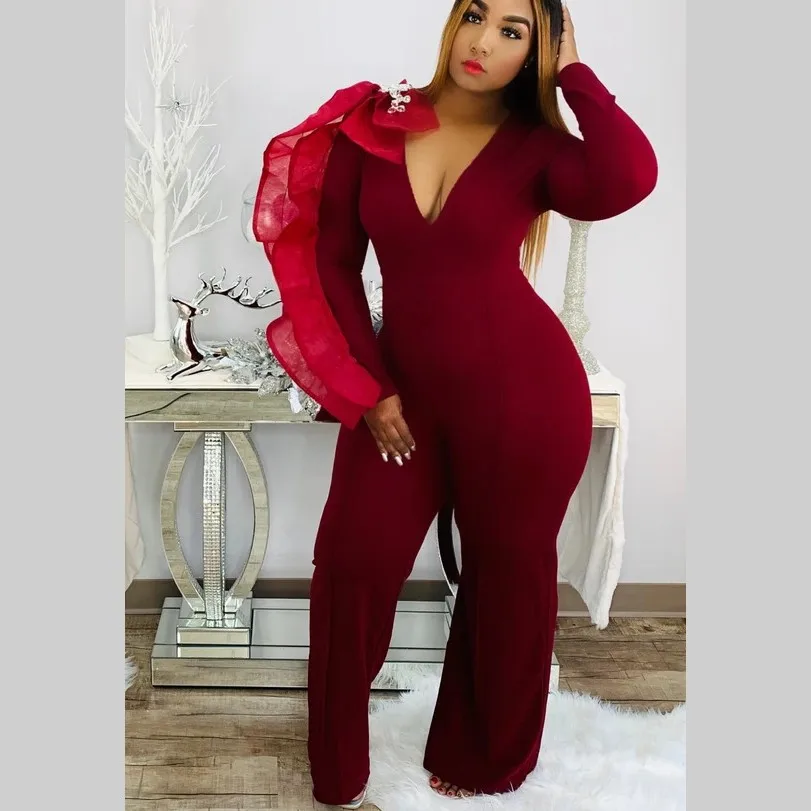 

3xl 4xl 5xl Plus Size Clothing Women Jumpsuit Sexy V-neck Straight Wide-leg Pants One Piece Rompers Burgundy Bottoms Overalls