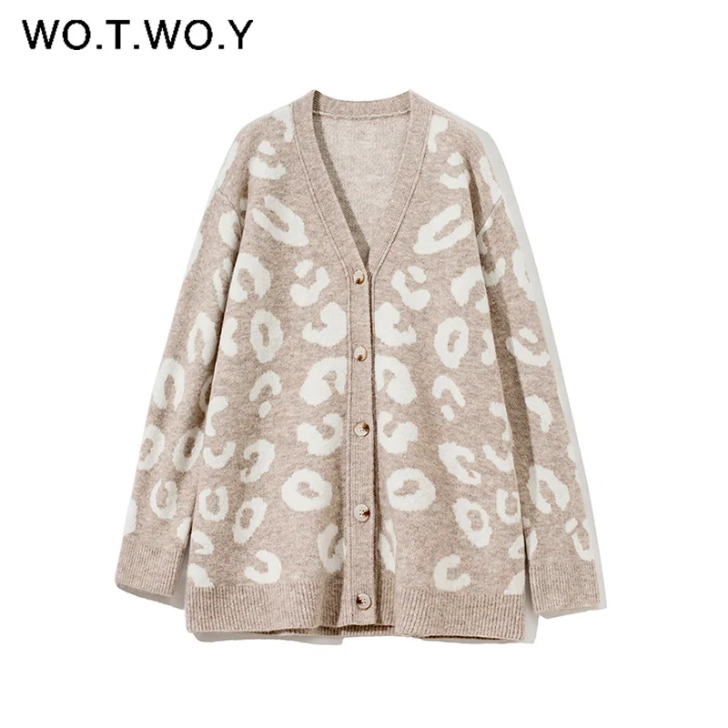 

WOTWOY Autumn Winter V-Neck Knitted Cardigans Women Single Breasted Printed Loose Sweaters Female Casual Cardigans Soft Knitwear