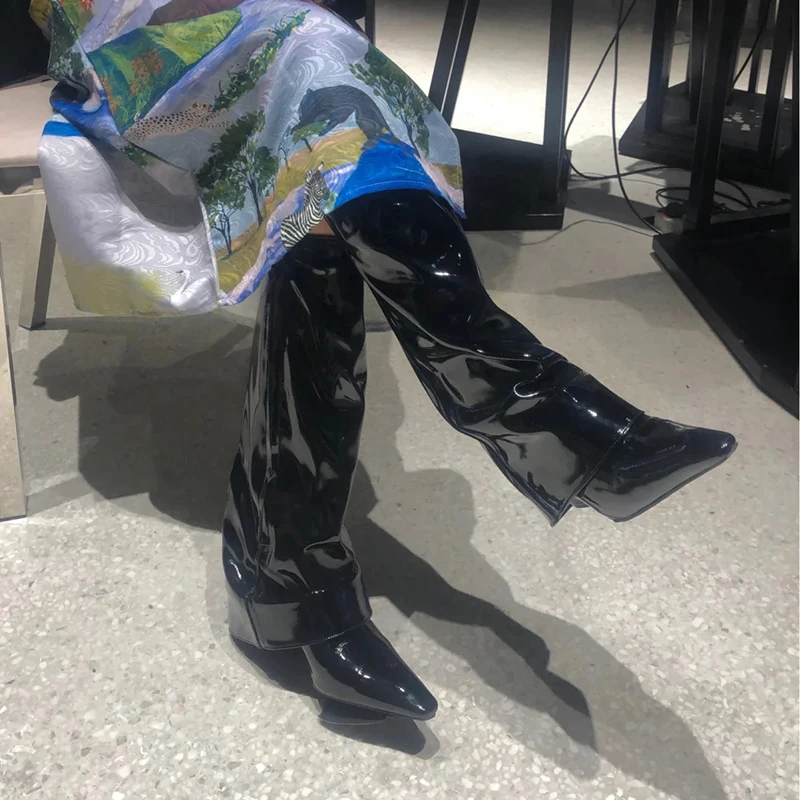 Women's Knee High Boots Patent Leather Pointed Toe Shoes Black Med Heels Stylish Design A1
Women's Knee High Boots Patent Leather Pointed Toe Shoes Black Med Heels Stylish Design A1