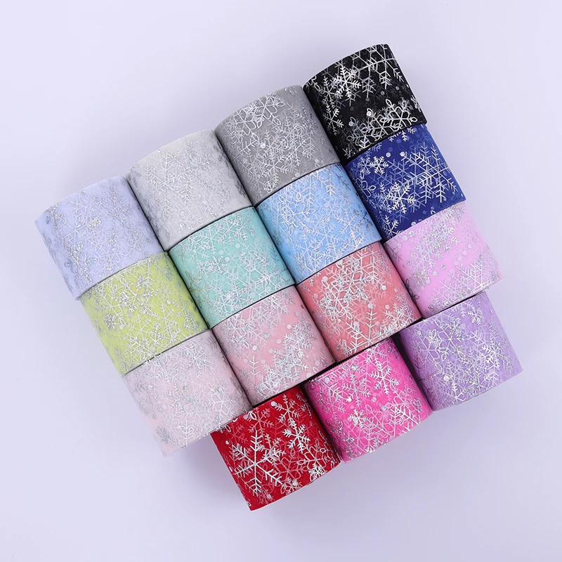 

6cm 8cm 25yards Organza Tulle Ribbon Iridescent Glitter Snow Printed Mesh Fabric Tape Valentine Headbow Hairband Dress Skirt