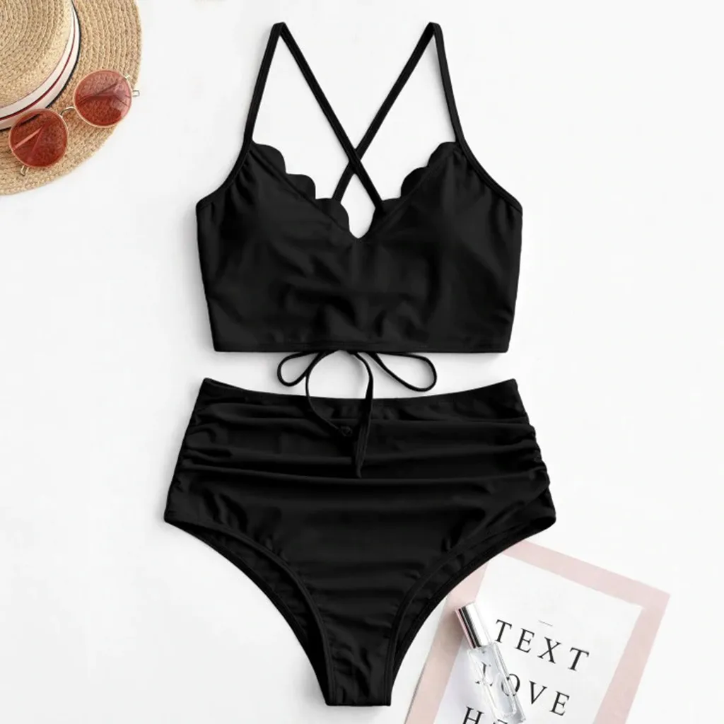Scalloped Crisscross Lace-up Ruched Tankini Swimsuit For Women Criss Cross Crop Top Removable Padded Petal Side Back Strap #T1G1 | Женская