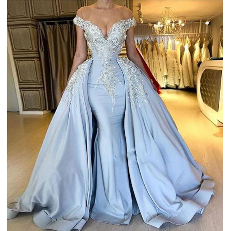 2019 Mermaid Prom Dresses with Detachable Skirt Off the Shoulder Evening Dress Lace Applique Beaded Satin Formal Gowns Vestidos
2019 Mermaid Prom Dresses with Detachable Skirt Off the Shoulder Evening Dress Lace Applique Beaded Satin Formal Gowns Vestidos