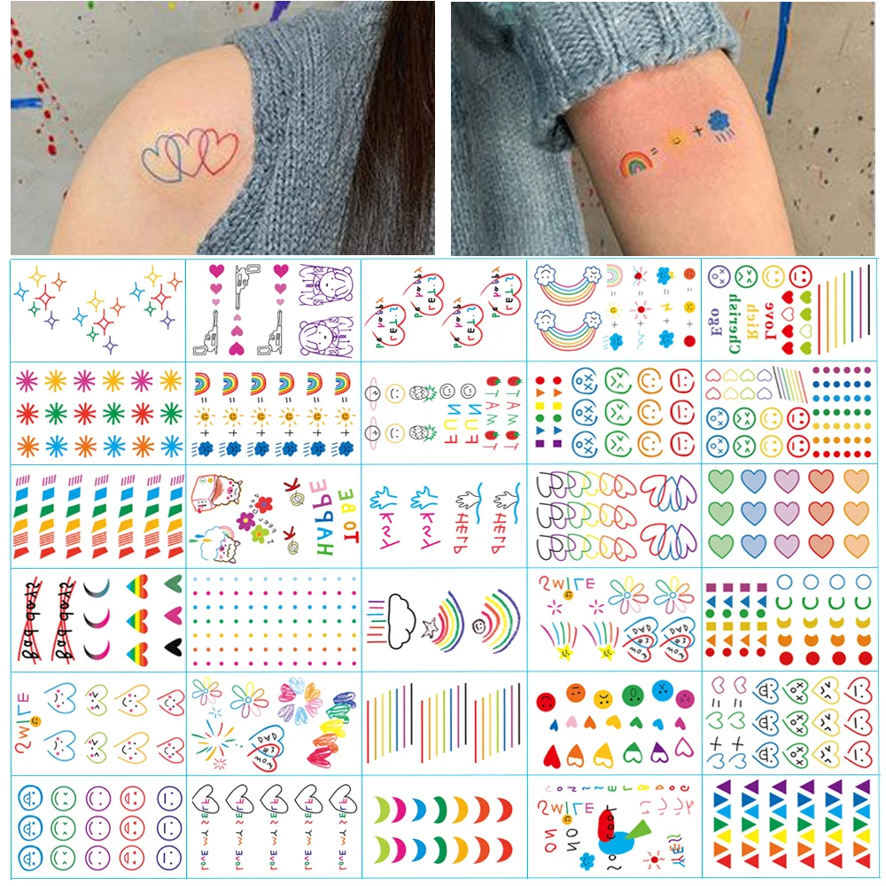 30 шт./пакет-пачка цветов радуги для самовыражения стикер татуировки уход за кожей лица ручной милый боди-арт фальшивые татуировки Временная... 
30 шт./пакет-пачка цветов радуги для самовыражения стикер татуировки уход за кожей лица ручной милый боди-арт фальшивые татуировки Временная...