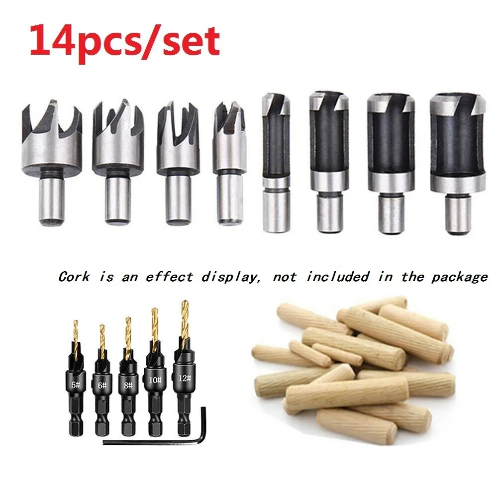 14Pcs Wood Plug Cutter Drill Cutting Tool Drill Bit Set Straight And Tapered Taper 5/8" 1/2" 3/8" 1/4" Woodworking Cork Drill Bi
14Pcs Wood Plug Cutter Drill Cutting Tool Drill Bit Set Straight And Tapered Taper 5/8" 1/2" 3/8" 1/4" Woodworking Cork Drill Bi