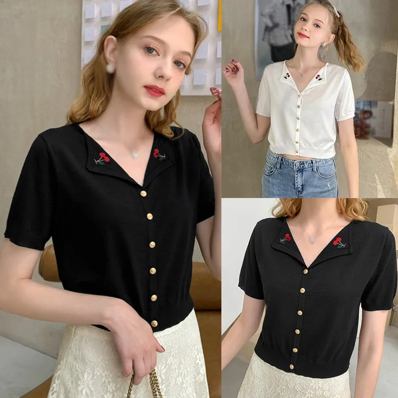 Short Paragraph V-Neck Cherry Collar Short-Sleeve T-Shirt Women's New Short Cardigan Temperament Loose Slim Tops
Short Paragraph V-Neck Cherry Collar Short-Sleeve T-Shirt Women's New Short Cardigan Temperament Loose Slim Tops