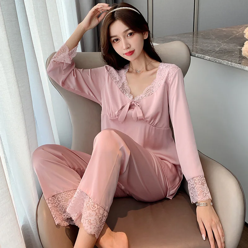 women's Pajamas ice silk long sleeve lace thin Pullover home clothes set with breast pad Cardigan for women Cardigan pajama sets
women's Pajamas ice silk long sleeve lace thin Pullover home clothes set with breast pad Cardigan for women Cardigan pajama sets
