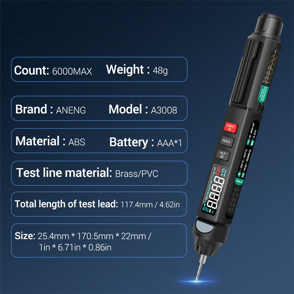 LCD Digital Multimeter Pen Type Intelligent 6000 Counts Non Contact AC/DC Voltage Resistance Diode Tester for Laboratory Factory
LCD Digital Multimeter Pen Type Intelligent 6000 Counts Non Contact AC/DC Voltage Resistance Diode Tester for Laboratory Factory