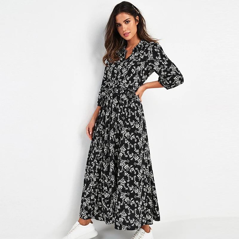 Vintage Floral Print Maxi Dress Women Boho Three Quarter Sleeve Long Sashes Dress Turn Down Collar Casual Shirt Dresses Robe
Vintage Floral Print Maxi Dress Women Boho Three Quarter Sleeve Long Sashes Dress Turn Down Collar Casual Shirt Dresses Robe