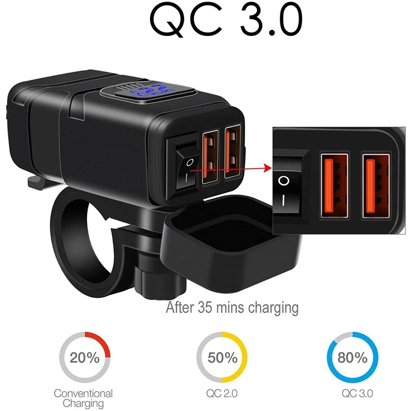 Мотоцикл USB Зарядное устройство Водонепроницаемый 12V QC3.0 Dual (черный)|Зарядные
